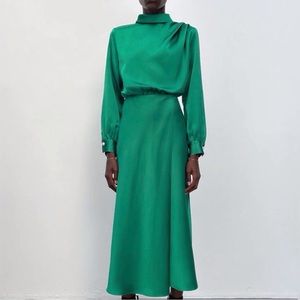 NWT Emerald Green Zara Satin Midi Dress Size XL